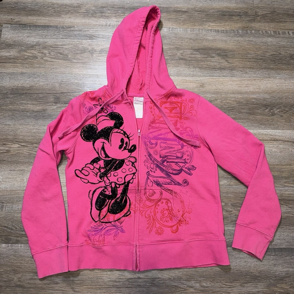 Disney Hoodie Sweatshirt Womens Large (11/13) Pink Pullover Minnie Mouse Graphic